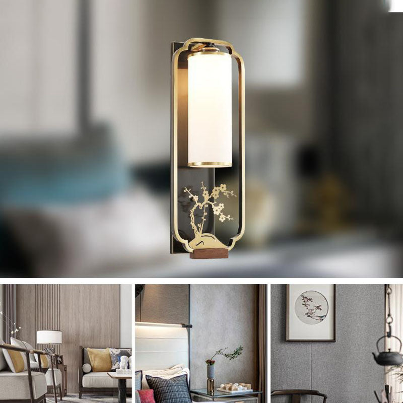 Chinese Glass Cylinder Shade 1-Light Wall Sconce Lamp