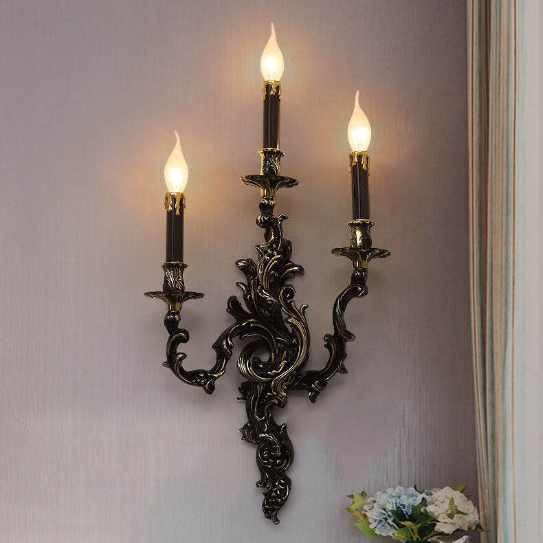 French Black Copper Candlestick 3-Light Wall Sconce Lamp