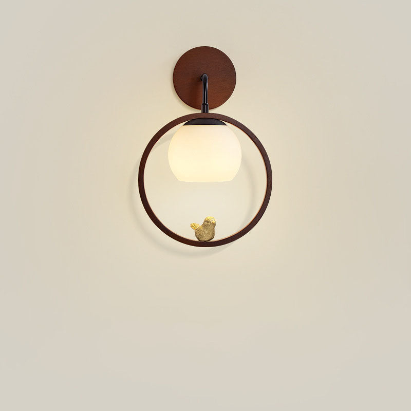 Minimalist Circle Bird Wood Glass 1-Light Wall Sconce Lamp