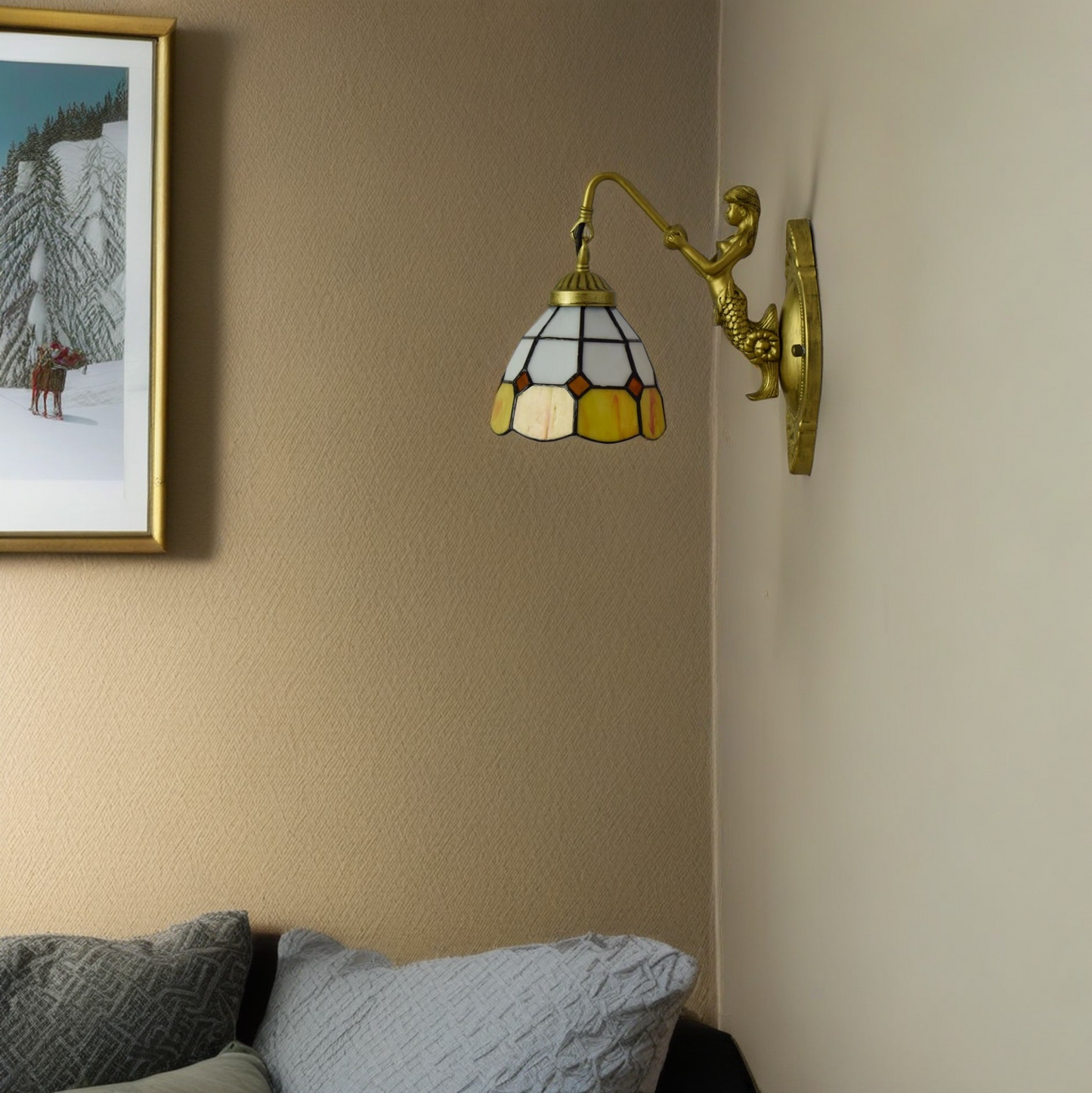 Tiffany Mermaid Resin Iron Glass 1-Light Wall Sconce Lamp