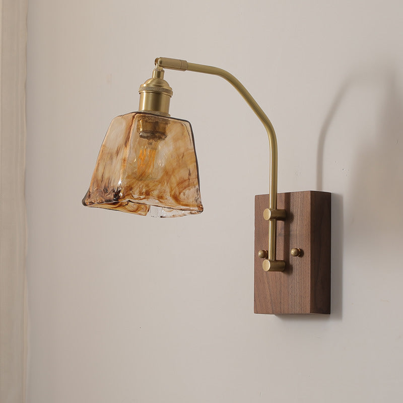 Deco Glass Bell Shade Brass Frame 1-Light Wall Sconce Lamp