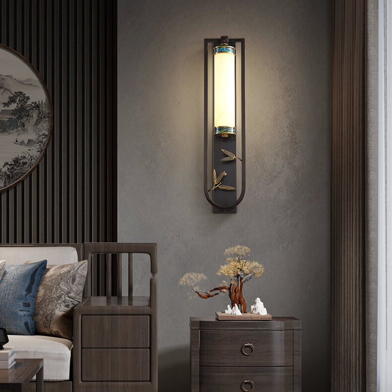 Chinese Rectangular Copper Marble LED Wall Sconce Lamp