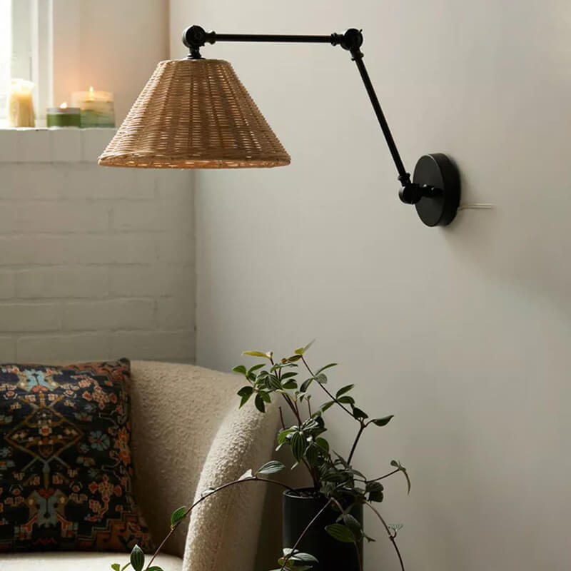 Rattan Cone Shade Iron Swing Arm 1-Light Wall Sconce Lamp