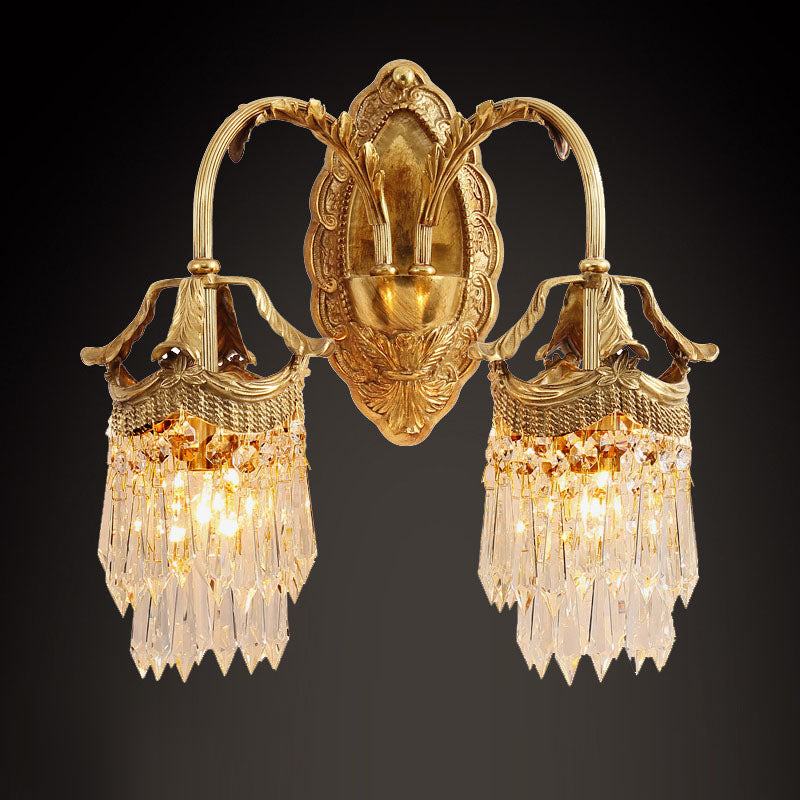 French Carved Leaf Brass Crystal 1/2 Light Wall Sconce Lamp