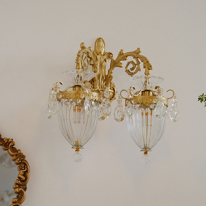 French Lantern Brass Crystal 1/2 Light Wall Sconce Lamp