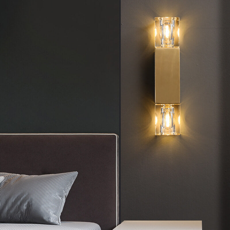 Light Glass Square Column Brass 2-Light Wall Sconce Lamp