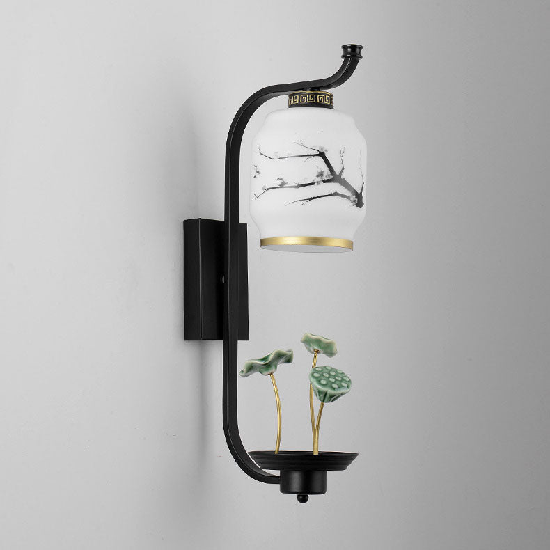 Chinese Ceramic Cylinder Lotus 1-Light Wall Sconce Lamp