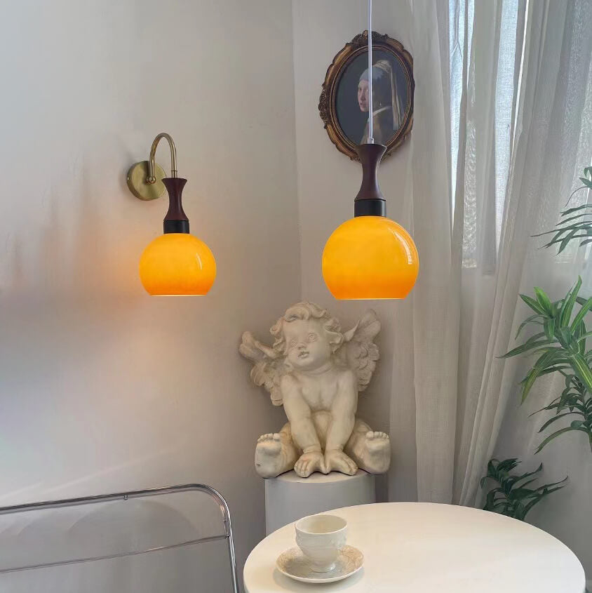 Wooden Iron Lamp Arm Glass Ball 1-Light Wall Sconce Lamp