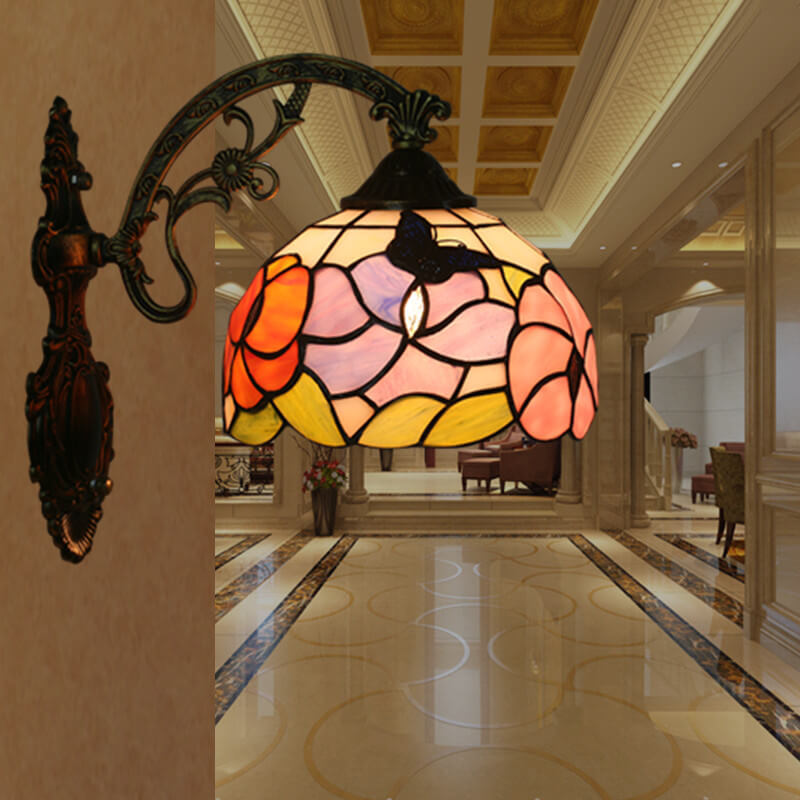 Tiffany Flower Stained Glass Dome 1-Light Wall Sconce Lamp