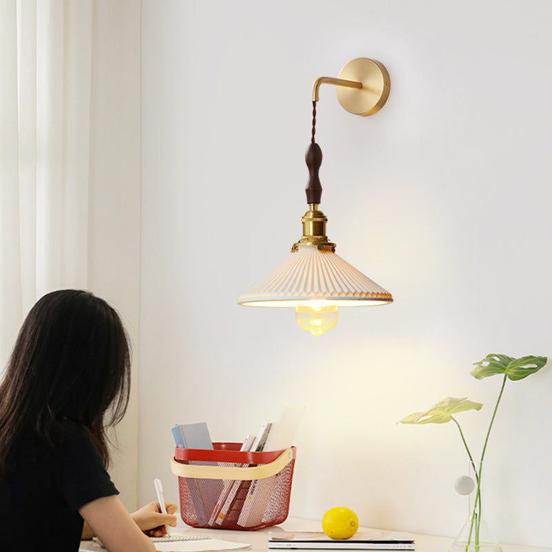 Japanese Ceramic Conic Pleated 1-Light Wall Sconce Lamp