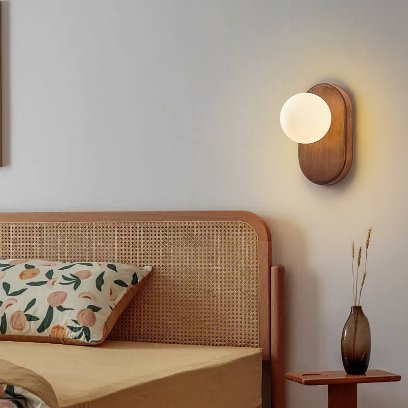 Traditional Japanese Oval Orb Solid Wood Glass 1-Light Wall Sconce Lamp For Bedroom