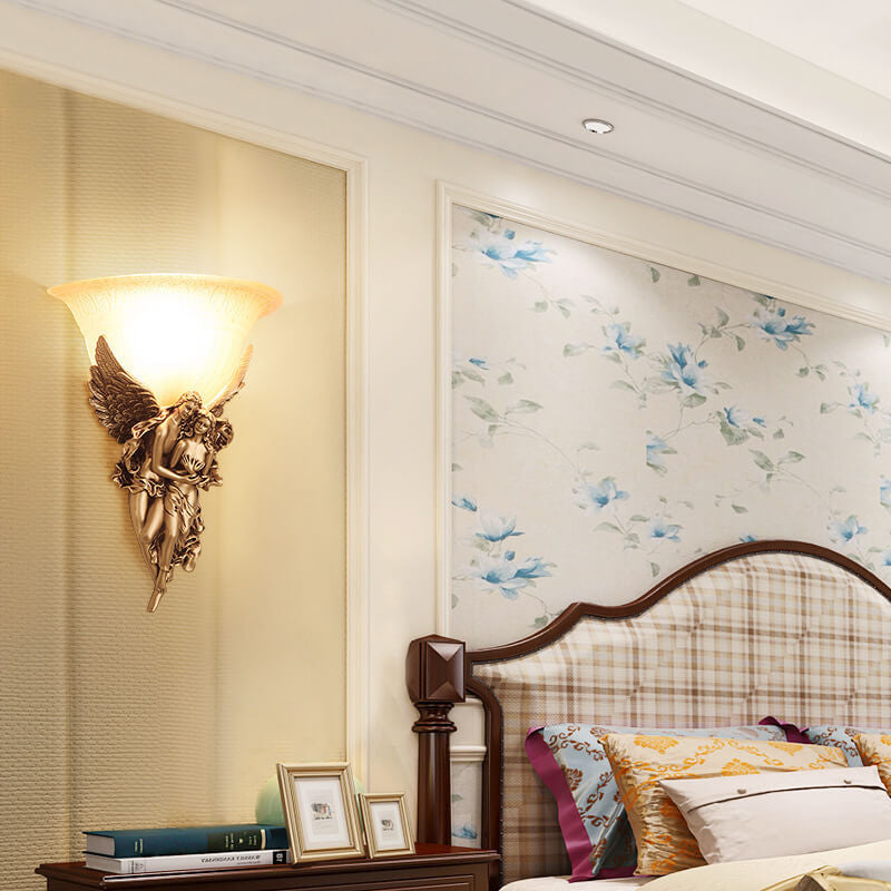European Angel Resin Design Glass 1-Light Wall Sconce Lamp