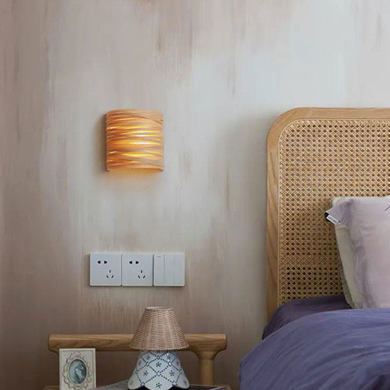 Japanese Wood Veneer Arch 1-Light Wall Sconce Lamp