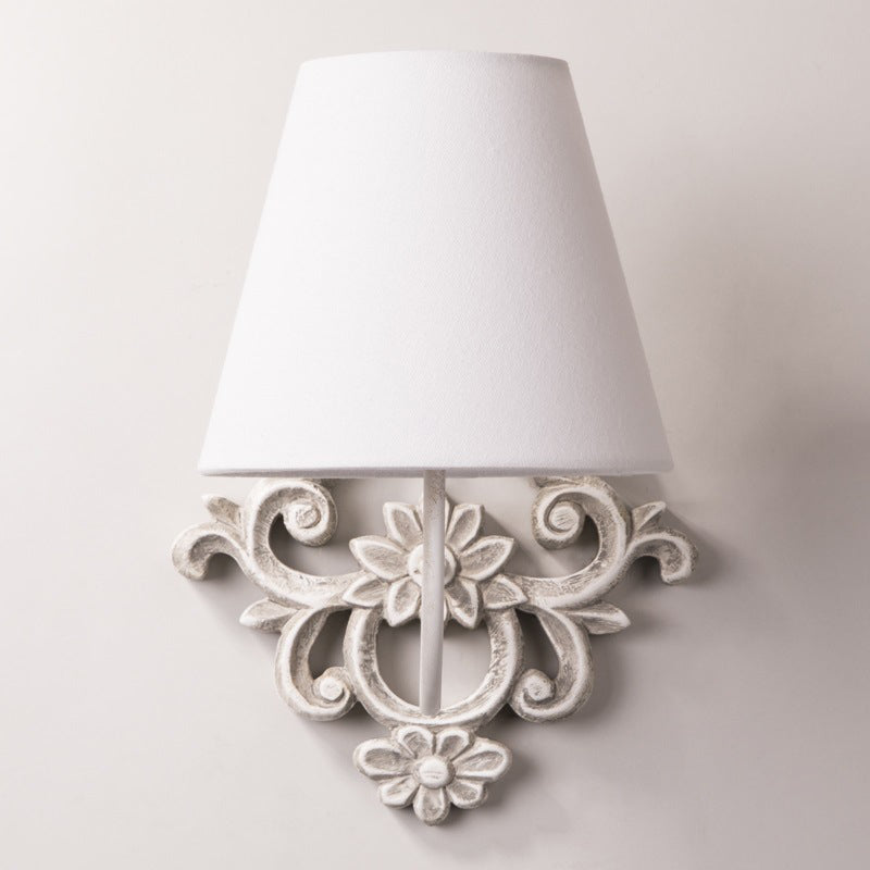 Carved Cylinder Solid Wood Fabric 1-Light Wall Sconce Lamp