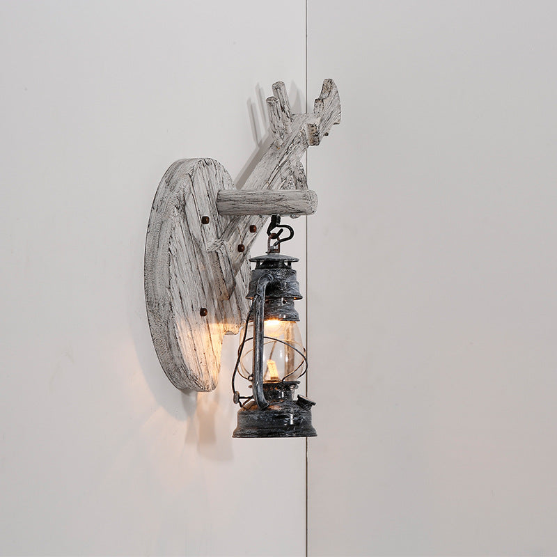 Farmhouse Wooden Lute Iron Holder 1-Light Wall Sconce Lamp