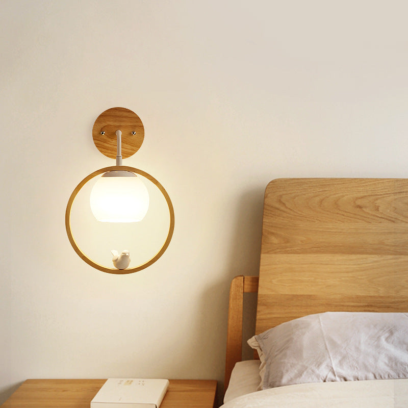 Scandinavian Bird Round Wood Glass 1-Light Wall Sconce Lamp
