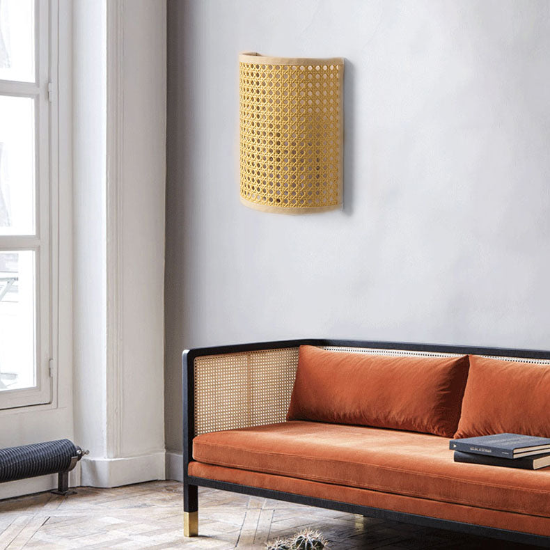 Japanese Rattan Semi-Cylinder 1-Light Wall Sconce Lamp