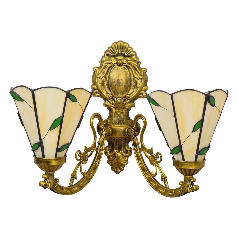 Tiffany Resin Glass Conic Foliage 2-Light Wall Sconce Lamp