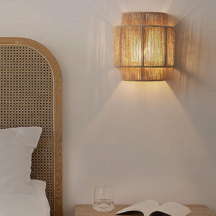 Japanese Rope Woven Curved 1-Light Wall Sconce Lamp