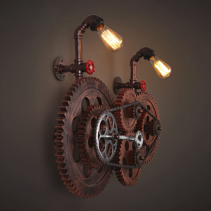 Industrial Iron Water Pipe Gear 2-Light Wall Sconce Lamp