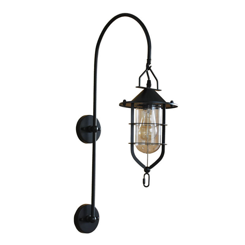 Iron Glass Cage Curved Arm 1-Light Wall Sconce Lamp