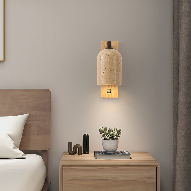 Japanese Vintage Stone Cylinder Wooden Base 1-Light Wall Sconce Lamp