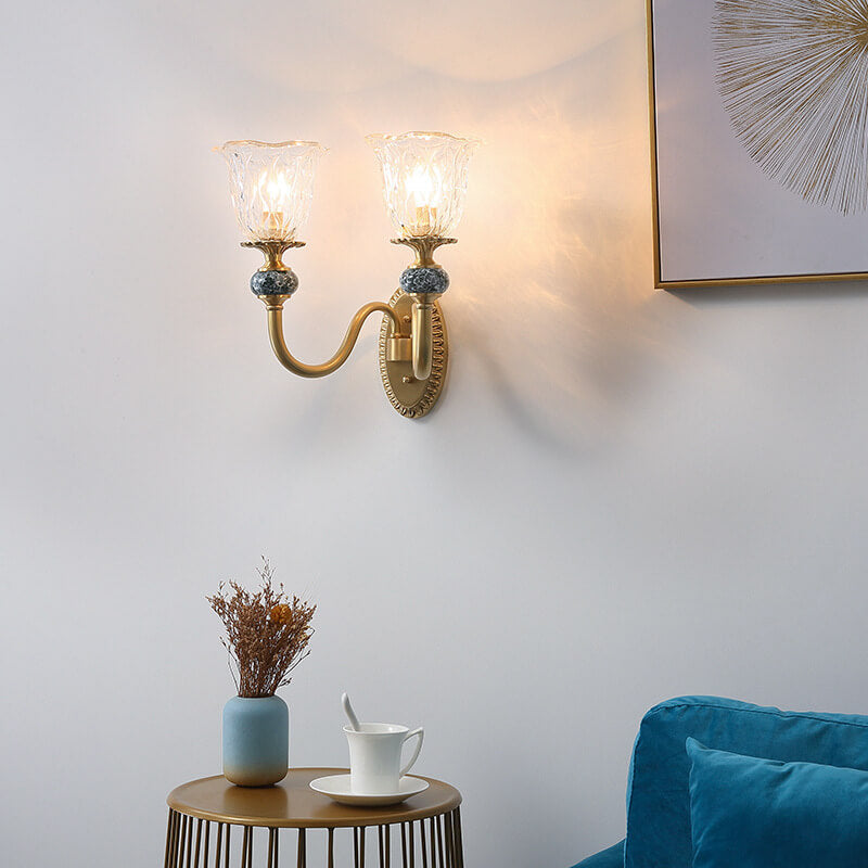 Floral Glass Brass Curved Arm 1/2 Light Wall Sconce Lamp
