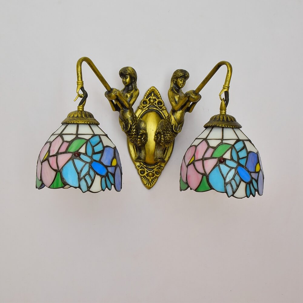 Tiffany Mermaid Stained Glass 2-Light Wall Sconce Lamp