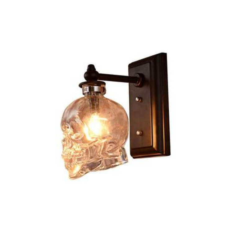 Round Skull Glass Iron 1-Light Halloween Wall Sconce Lamp