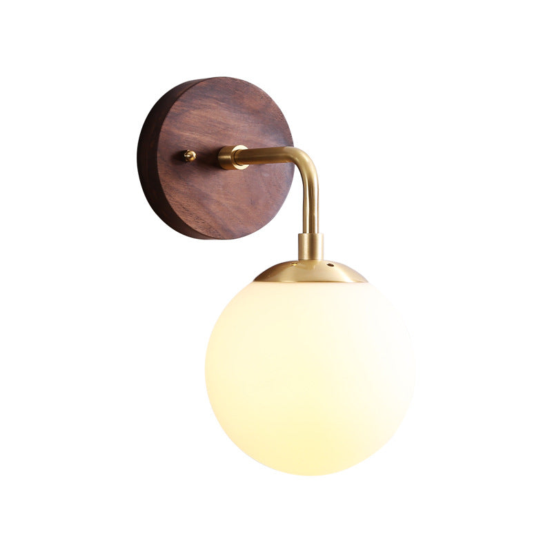 Walnut Brass Glass Round Orb 1-Light Wall Sconce Lamp