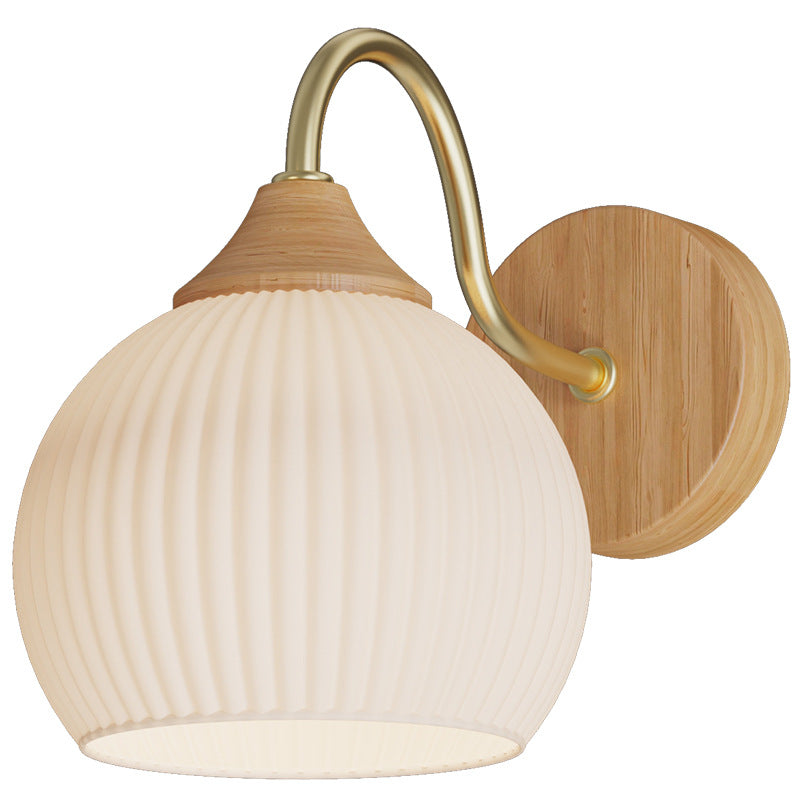 Iron Glass Striped Round Log Wood 1-Light Wall Sconce Lamp