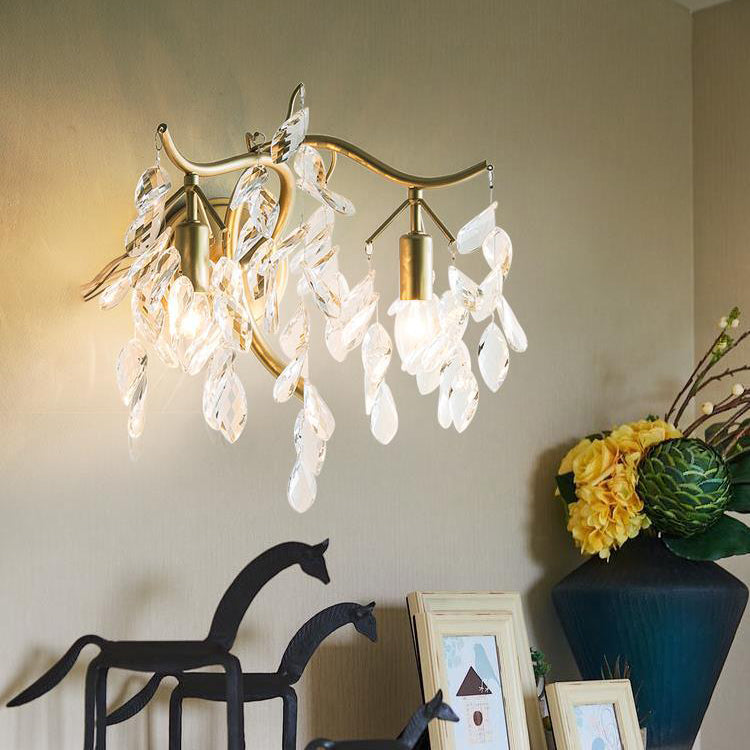 French Leaf Iron Copper Crystal 2-Light Wall Sconce Lamp