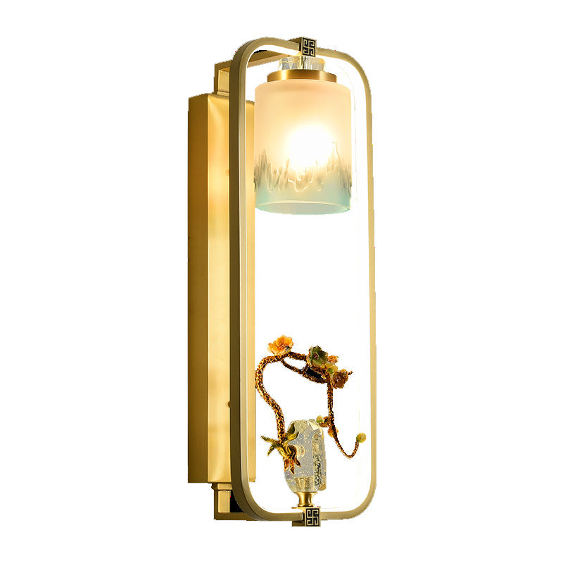 Chinese Copper Rectangular Frame LED Wall Sconce Lamp
