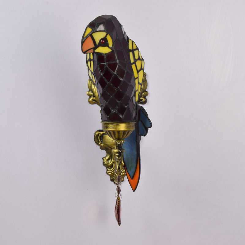 Tiffany Glass Parrot Crystal 1-Light Wall Sconce Lamp