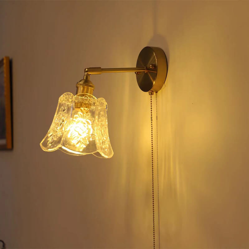 French Light Brass Glass Pull Wire 1-Light Wall Sconce Lamp