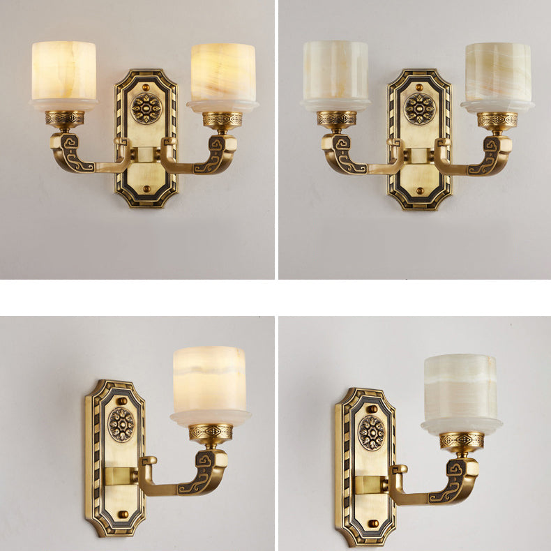 Chinese Copper Marble Cylinder 1/2 Light Wall Sconce Lamp