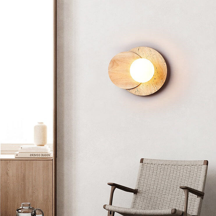 Modern Minimalist Round Wood Stone 1-Light Wall Sconce Lamp