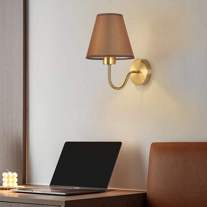 European Cone Fabric Curved Arm 1-Light Wall Sconce Lamp