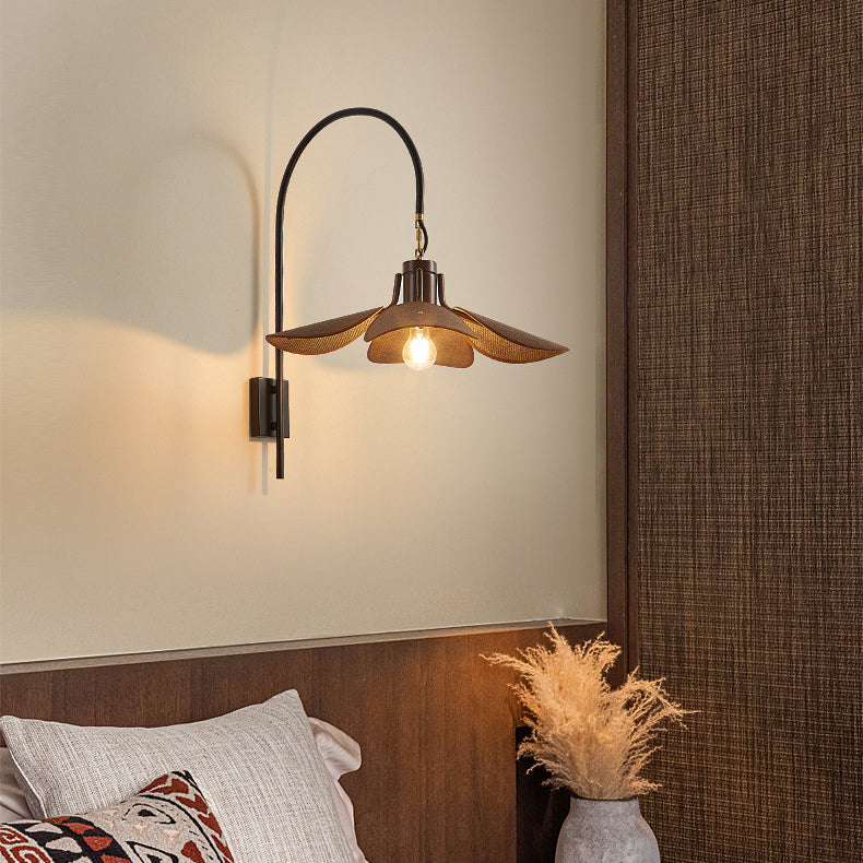 Japanese Floral Wooden Iron Fabric 1-Light Wall Sconce Lamp