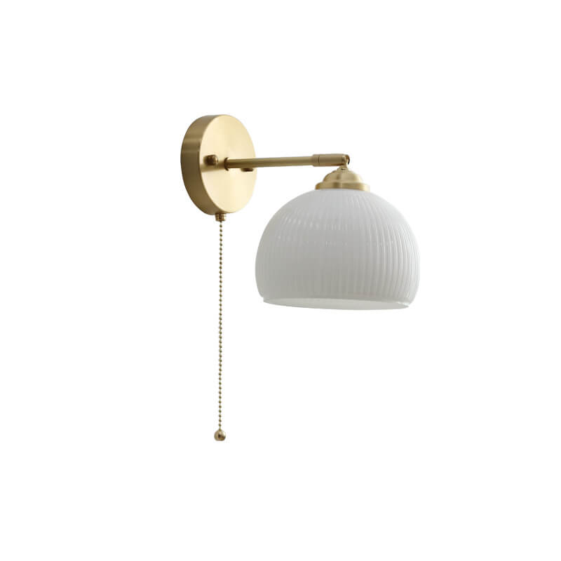 Nordic Striped Milk Glass Brass Pull Cord Wall Sconce
