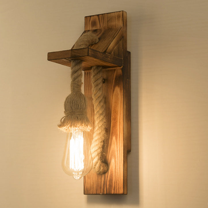 Rectangular Wood Hemp Rope 1-Light Wall Sconce Lamp