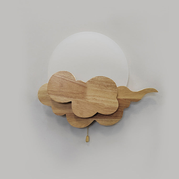 Chinese Round Cloudy Wood Acrylic LED Wall Sconce Lamp