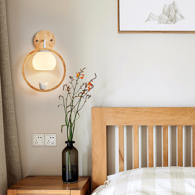 Scandinavian Round Bird Wood Glass 1-Light Wall Sconce Lamp