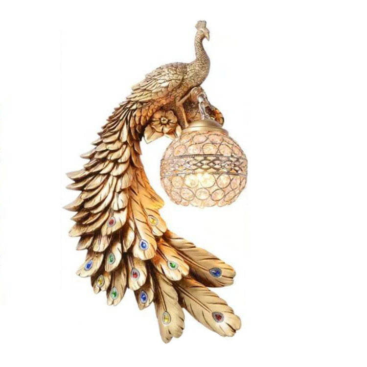 Ornate Peacock Crystal Ball Shade 1-Light Wall Sconce Lamp