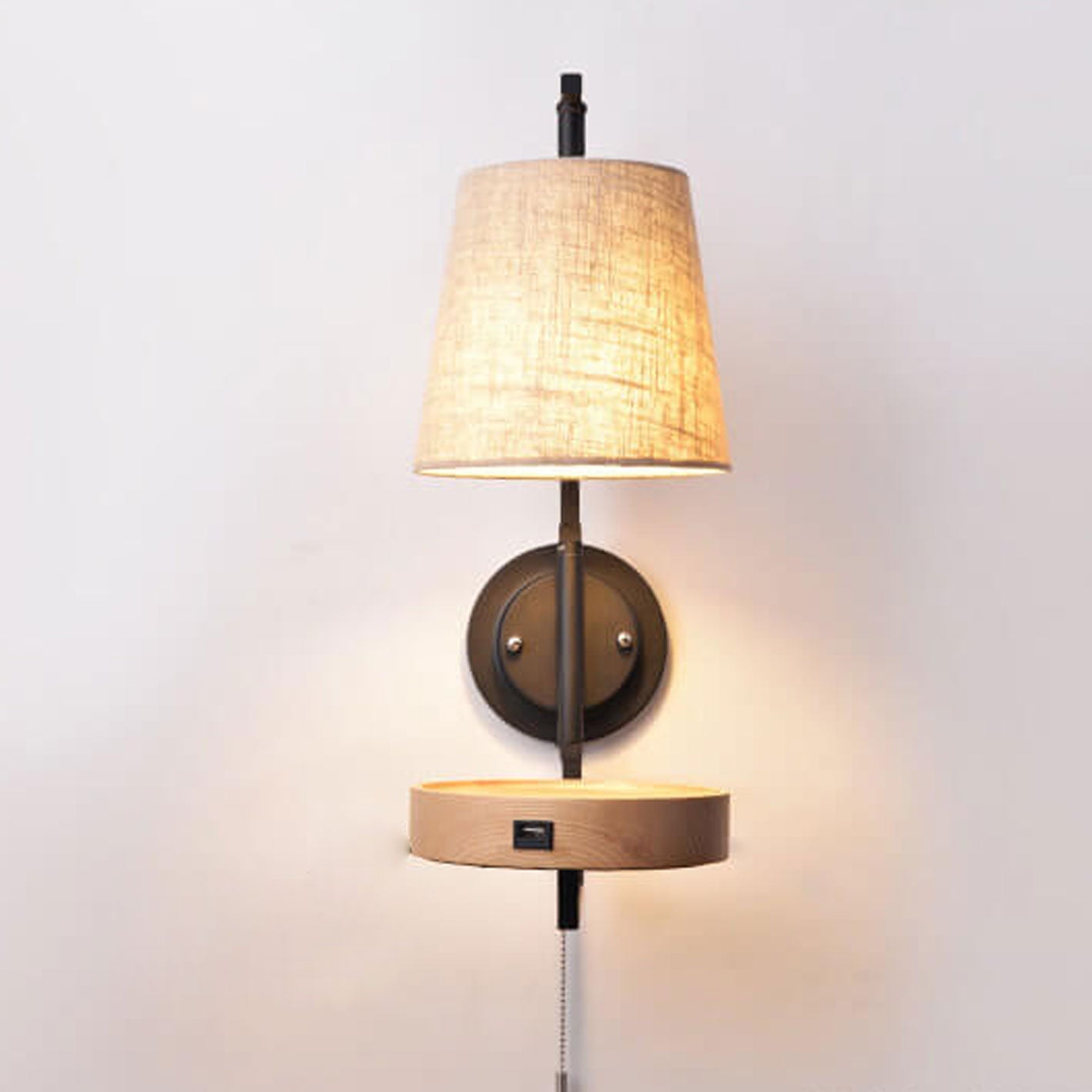 Light Wood Wrought Iron Fabric 1-Light Wall Sconce Lamp