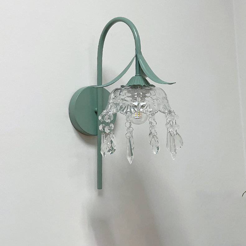 Iron Flower Glass Shade Crystal 1-Light Wall Sconce Lamp