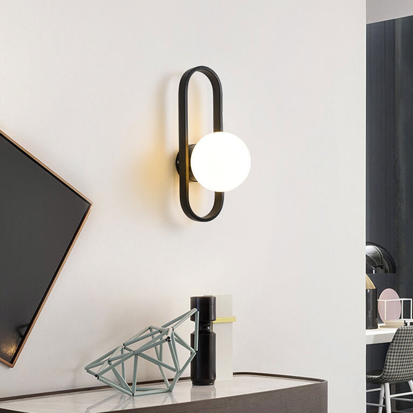 Minimalist Oval Ring Iron Glass 1-Light Wall Sconce Lamp