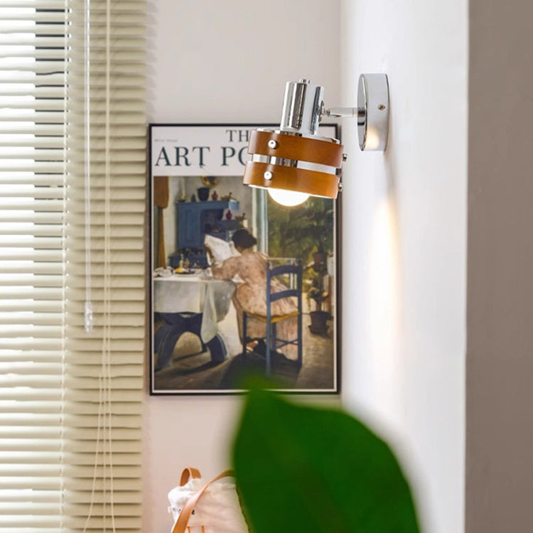 Cylinder Disc Base Iron Wood 1-Light Wall Sconce Lamp