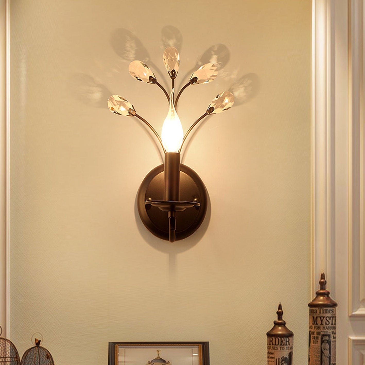 European Wrought Iron Crystal 1-Light Wall Sconce Lamp