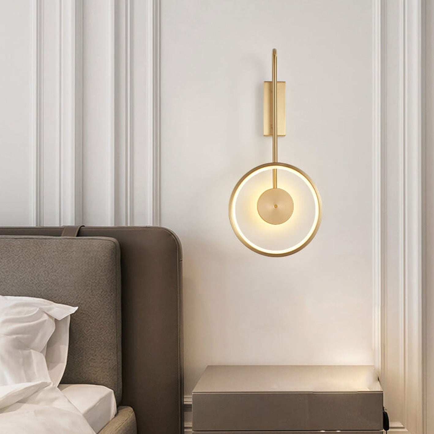 Light Full Copper Circle Curved Arm LED Wall Sconce Lamp